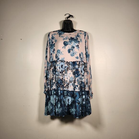 PENELOPE ROSE Tunic Top Mini Dress Womens XL Blue Beige Floral LS Babydoll Boho - Picture 1 of 11